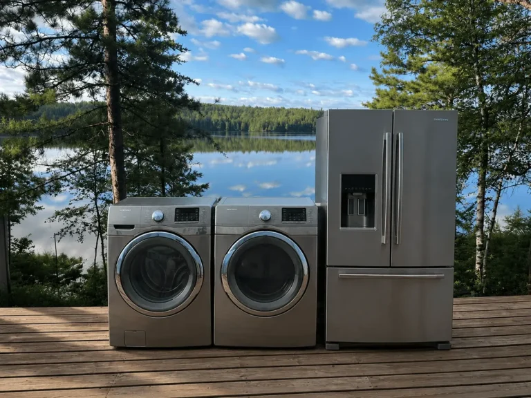 Washer, dryer, and refrigerator on a lakefront cottage deck near Innisfil and Barrie